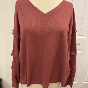 Elegant Long Sleeve Ruffle Top - Terracotta